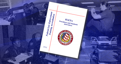 The cover of the FLETA Procedures and Standards Manual on top of four images of federal law enforcement training 